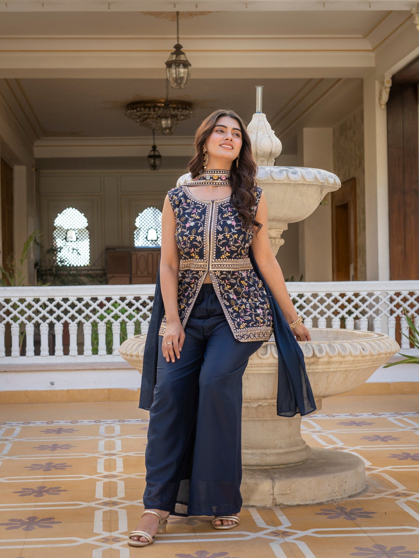 Wonderful Navy Blue Color Star Georgette Embroidered Palazzo Suit