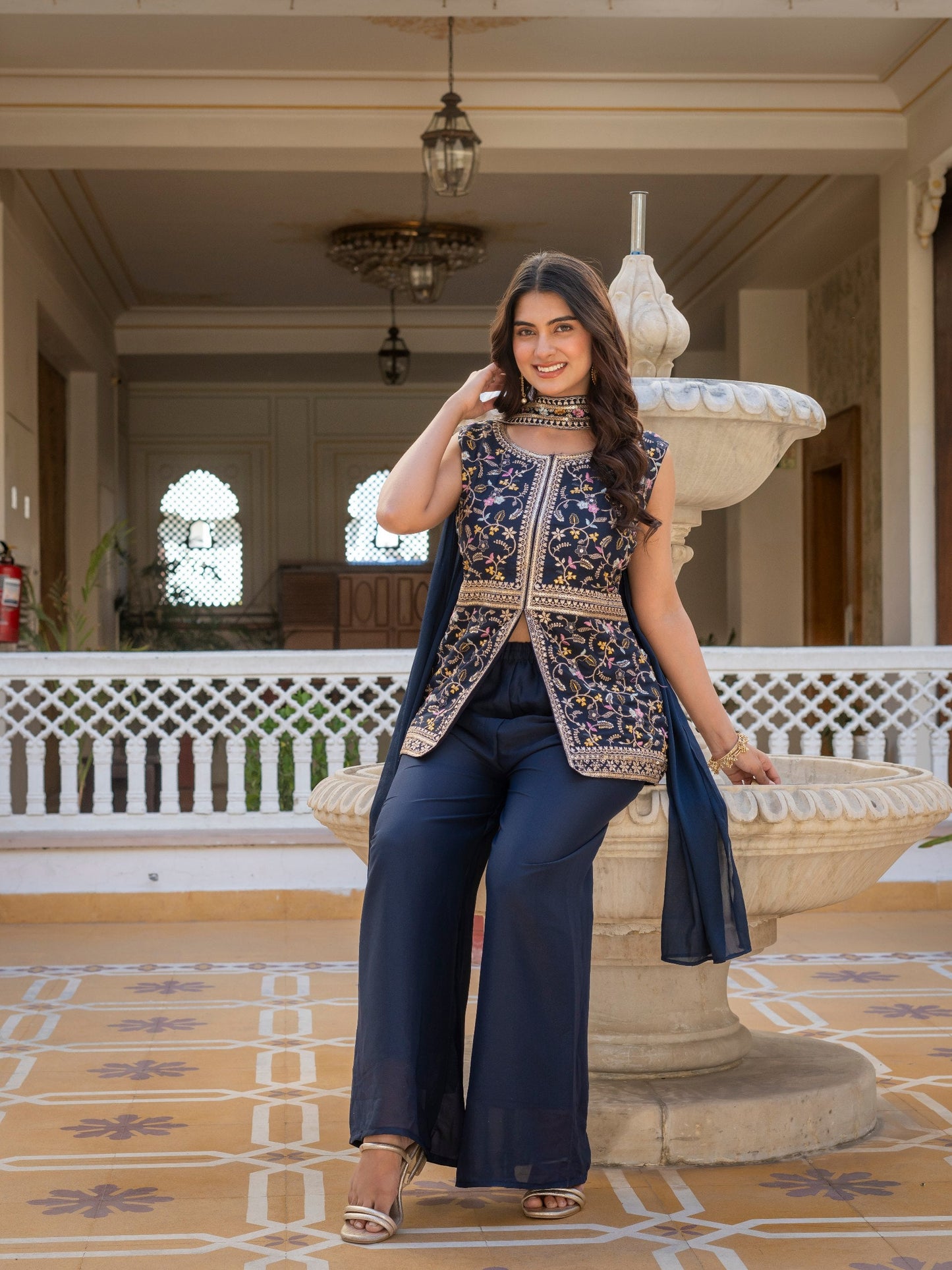 Wonderful Navy Blue Color Star Georgette Embroidered Palazzo Suit