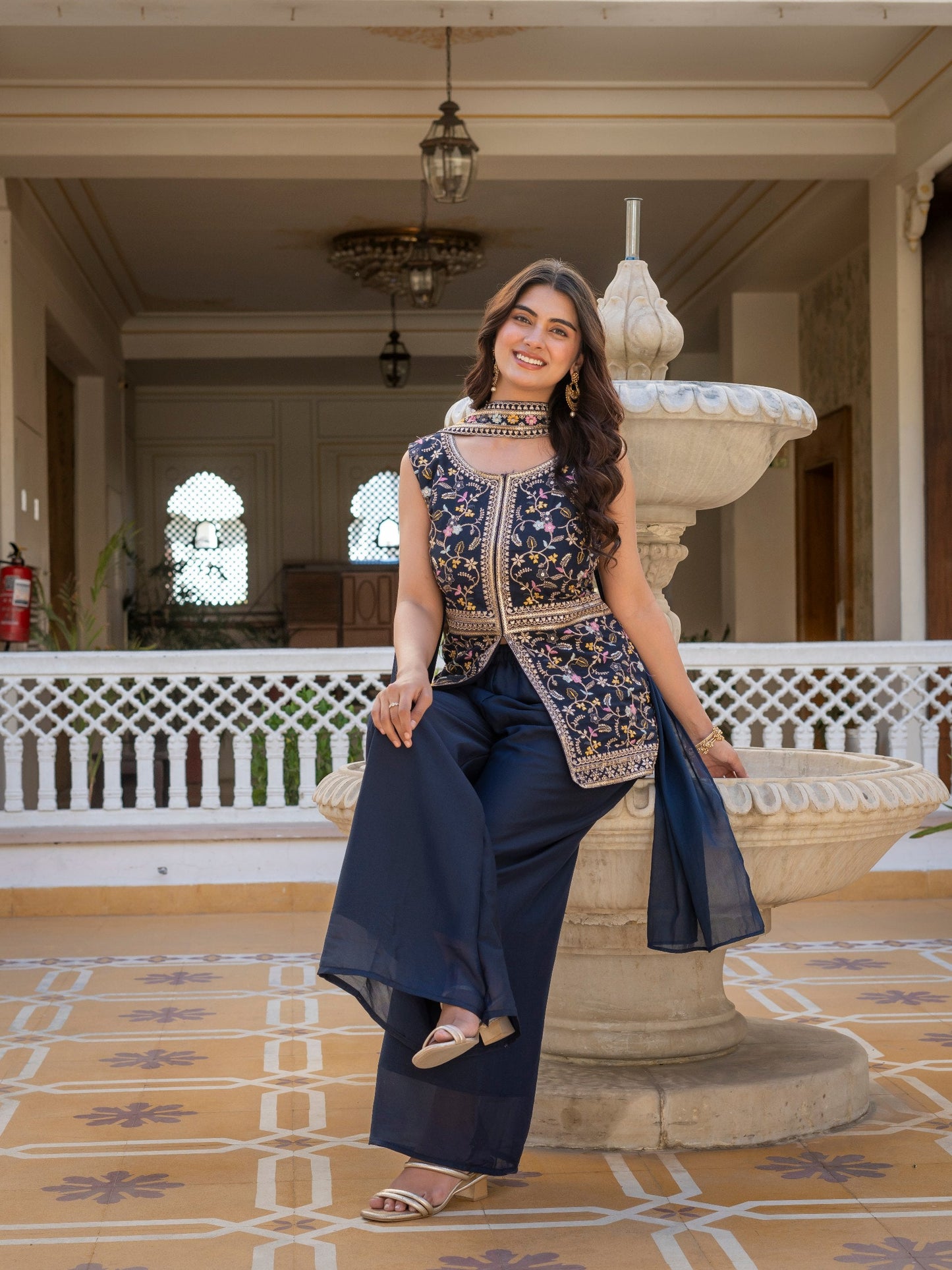 Wonderful Navy Blue Color Star Georgette Embroidered Palazzo Suit