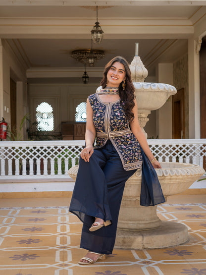 Wonderful Navy Blue Color Star Georgette Embroidered Palazzo Suit