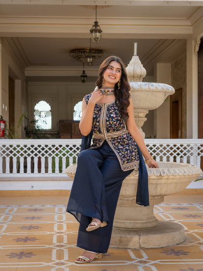Wonderful Navy Blue Color Star Georgette Embroidered Palazzo Suit