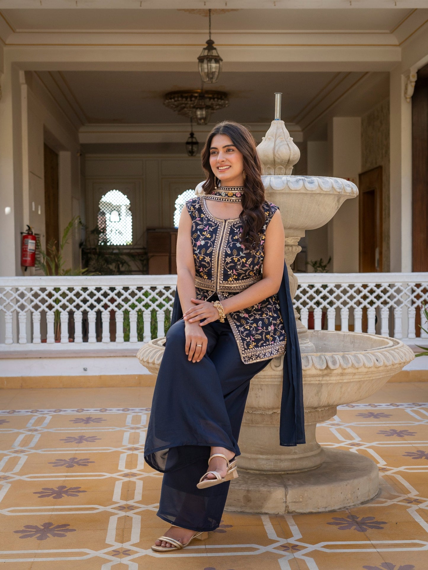 Wonderful Navy Blue Color Star Georgette Embroidered Palazzo Suit