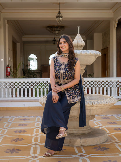 Wonderful Navy Blue Color Star Georgette Embroidered Palazzo Suit