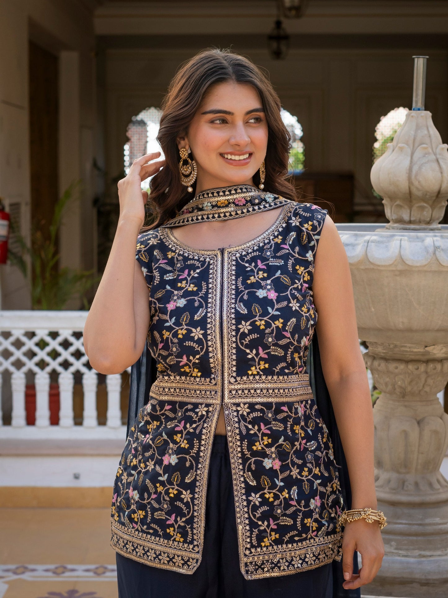 Wonderful Navy Blue Color Star Georgette Embroidered Palazzo Suit