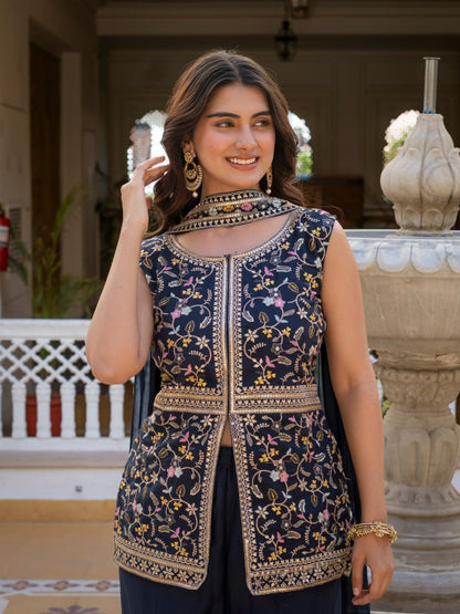 Wonderful Navy Blue Color Star Georgette Embroidered Palazzo Suit