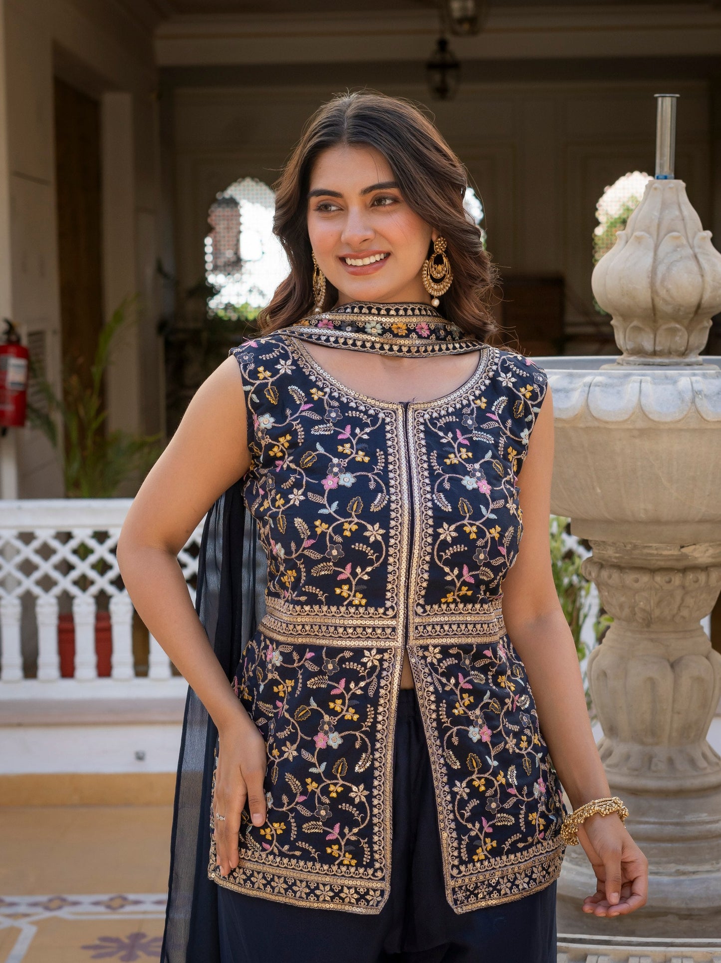 Wonderful Navy Blue Color Star Georgette Embroidered Palazzo Suit