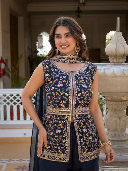 Wonderful Navy Blue Color Star Georgette Embroidered Palazzo Suit