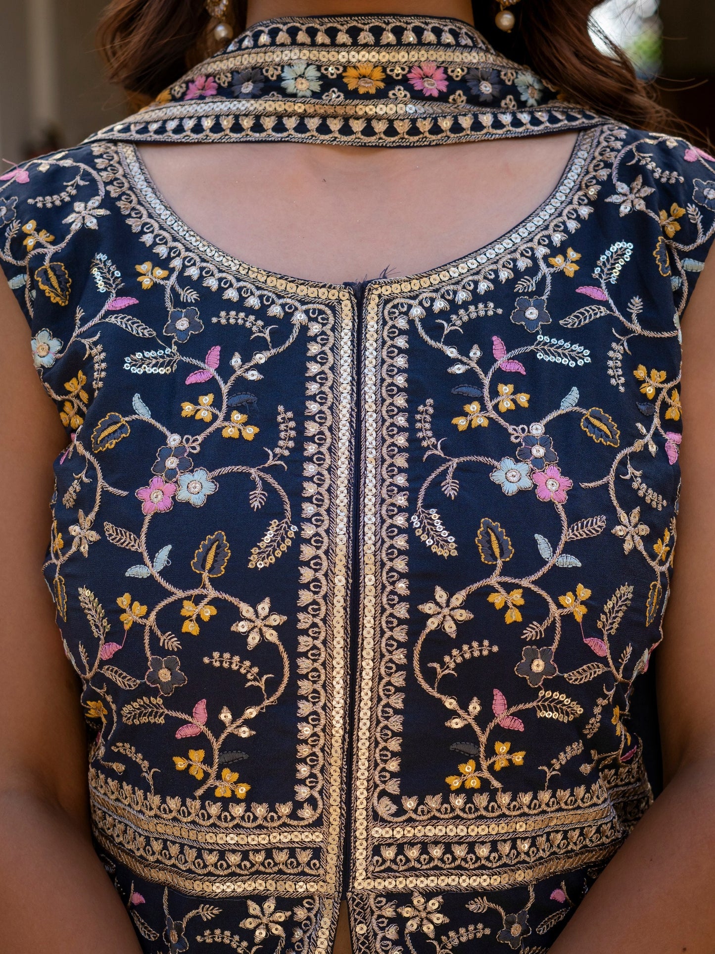Wonderful Navy Blue Color Star Georgette Embroidered Palazzo Suit