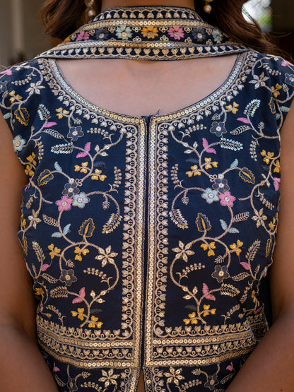 Wonderful Navy Blue Color Star Georgette Embroidered Palazzo Suit