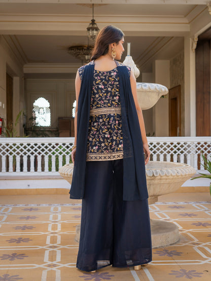 Wonderful Navy Blue Color Star Georgette Embroidered Palazzo Suit