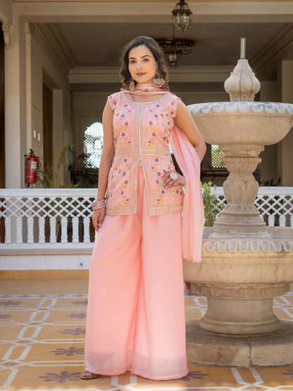Classic Pink Color Star Georgette Embroidered Palazzo Suit