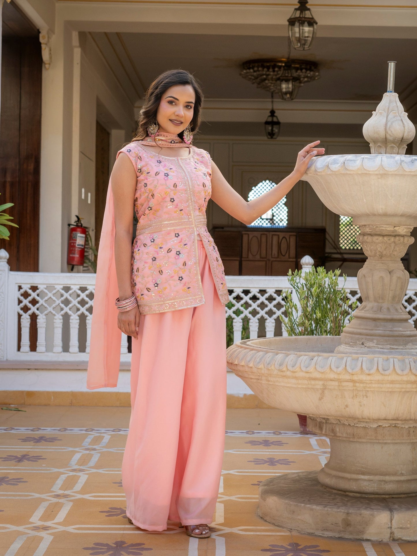 Classic Pink Color Star Georgette Embroidered Palazzo Suit