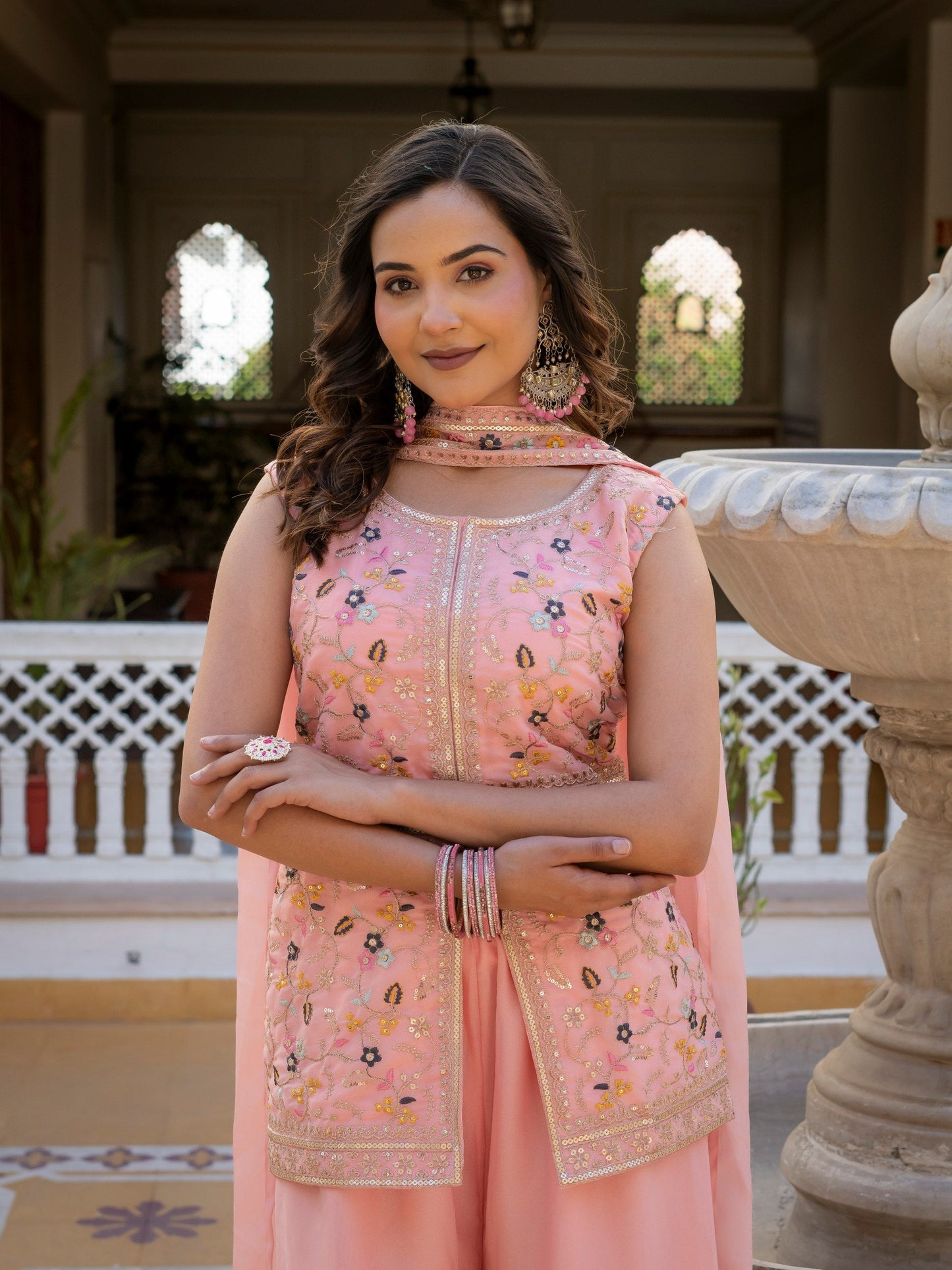 Classic Pink Color Star Georgette Embroidered Palazzo Suit