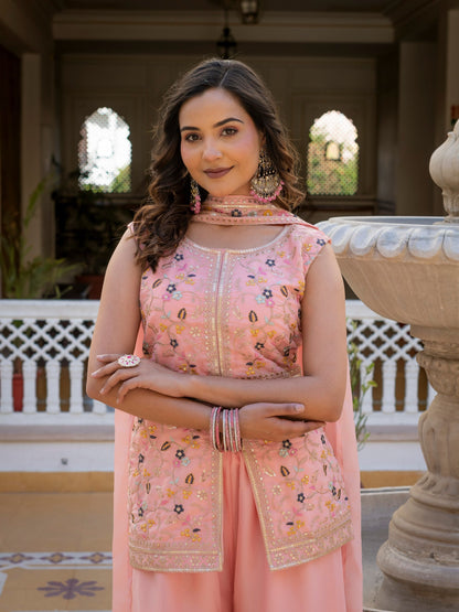 Classic Pink Color Star Georgette Embroidered Palazzo Suit