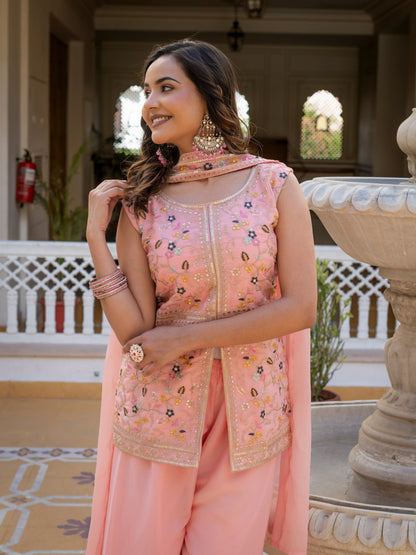 Classic Pink Color Star Georgette Embroidered Palazzo Suit