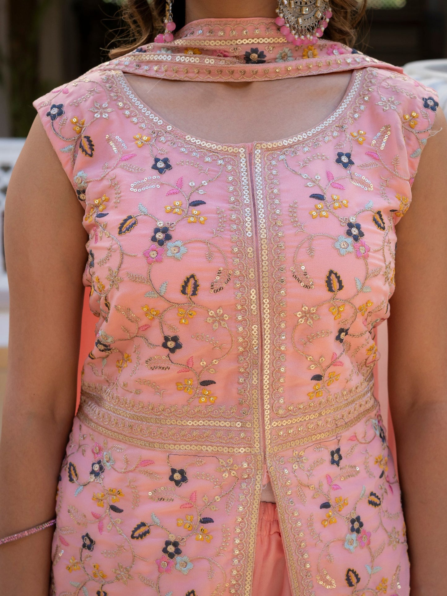 Classic Pink Color Star Georgette Embroidered Palazzo Suit