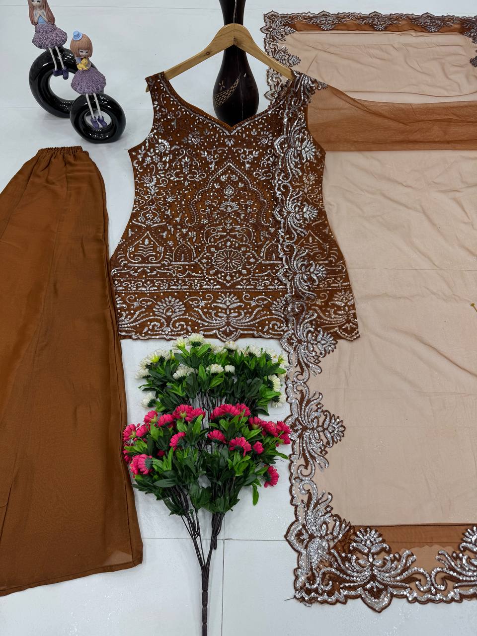 Party Wear Designer Coffee Color Embroidery Sequences Work With Peral Hand Work 3 Piece Palazzo Suit