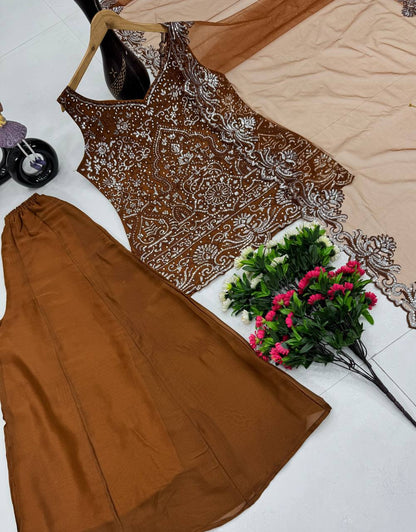 Party Wear Designer Coffee Color Embroidery Sequences Work With Peral Hand Work 3 Piece Palazzo Suit