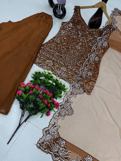 Party Wear Designer Coffee Color Embroidery Sequences Work With Peral Hand Work 3 Piece Palazzo Suit