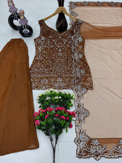 Party Wear Designer Coffee Color Embroidery Sequences Work With Peral Hand Work 3 Piece Palazzo Suit
