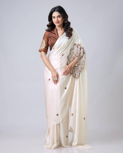 Ceremony Wear Off White Color Japan Satin Digital Printed Hands-Free Ready To Wear Saree