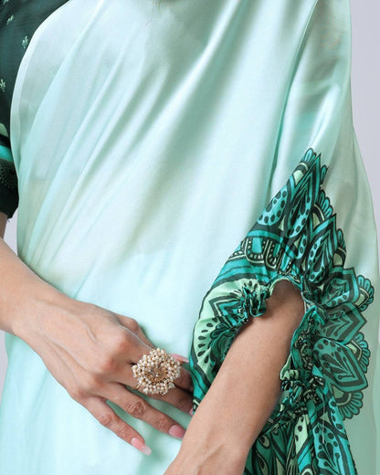 Ceremony Wear Light Green Color Japan Satin Digital Printed Hands-Free Ready To Wear Saree