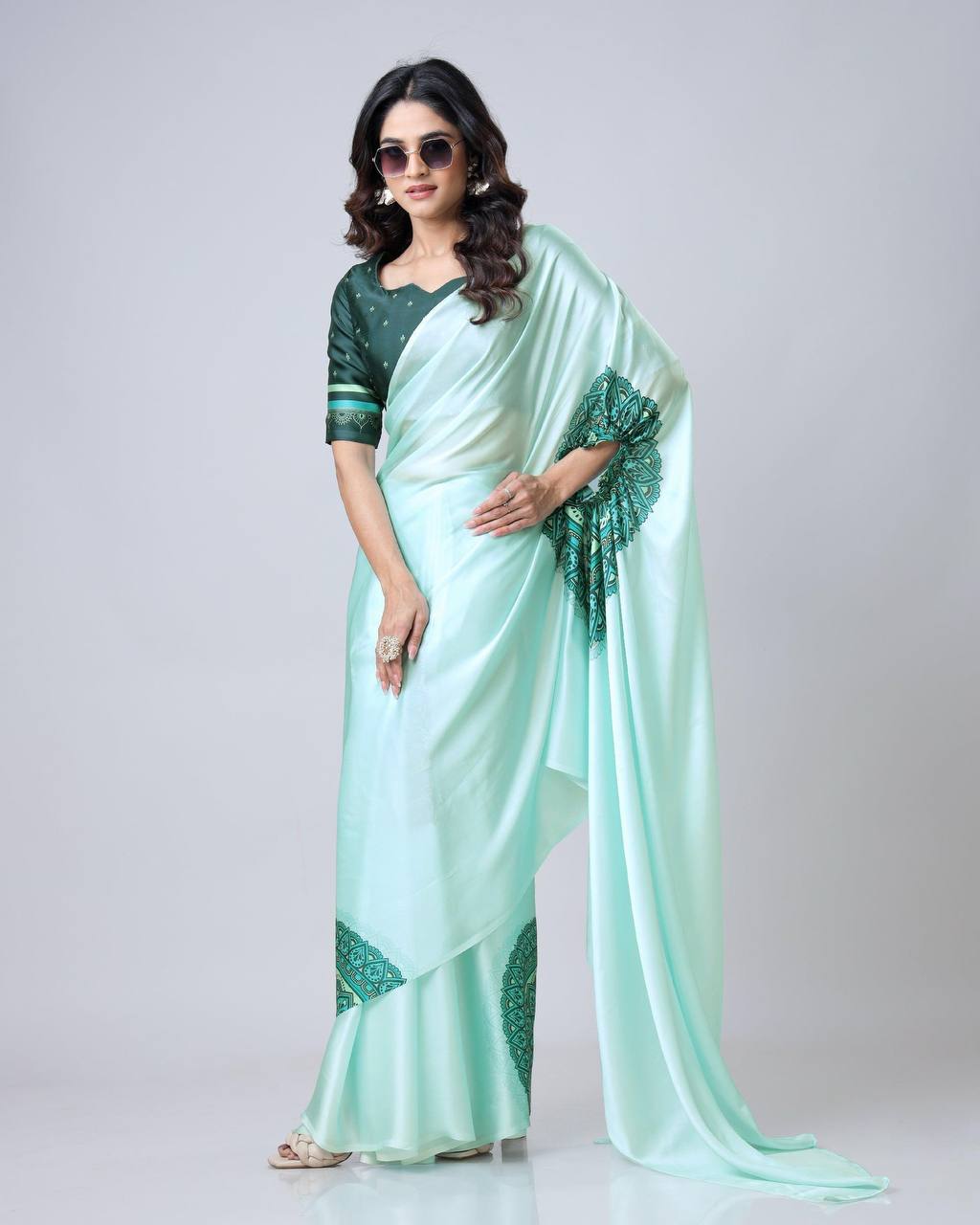 Ceremony Wear Light Green Color Japan Satin Digital Printed Hands-Free Ready To Wear Saree