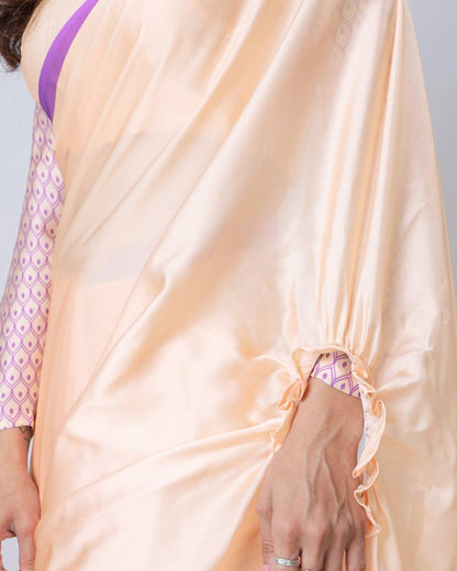 Ceremony Wear Light Peach Color Japan Satin Digital Printed Hands-Free Ready To Wear Saree