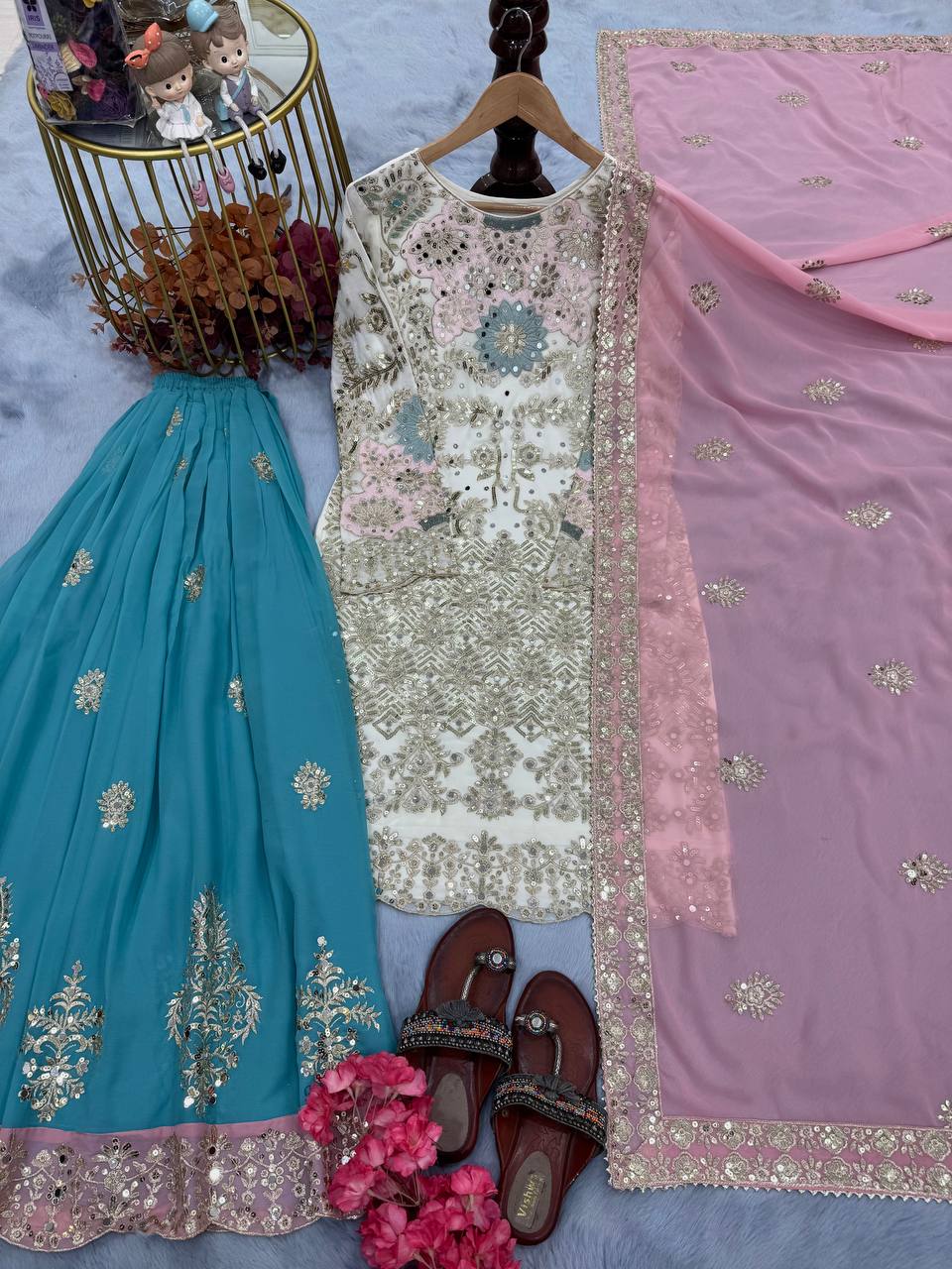 Alluring White And Sky Color Heavy Faux Georgette With Embroidery Sequence Work Palazzo Suit