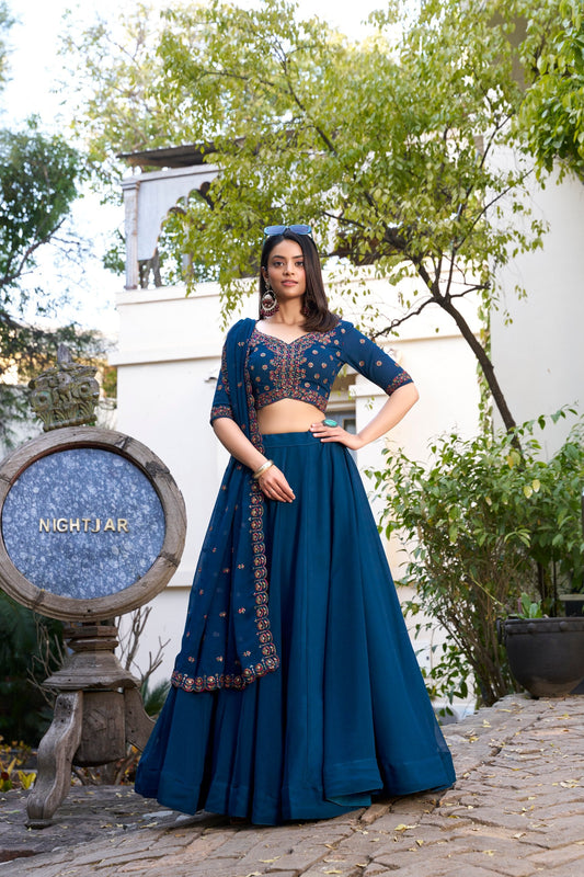Wedding Wear Navy Blue Color Georgette With Thread Embroidery Work Designer Lehenga Choli