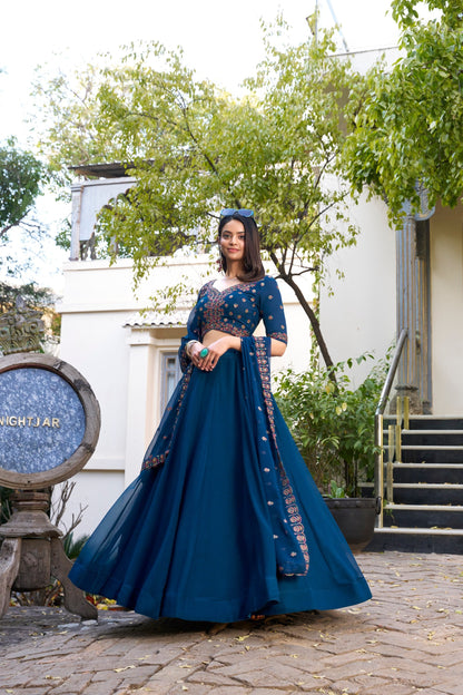 Wedding Wear Navy Blue Color Georgette With Thread Embroidery Work Designer Lehenga Choli