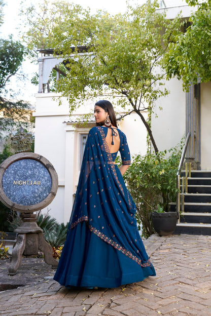 Wedding Wear Navy Blue Color Georgette With Thread Embroidery Work Designer Lehenga Choli