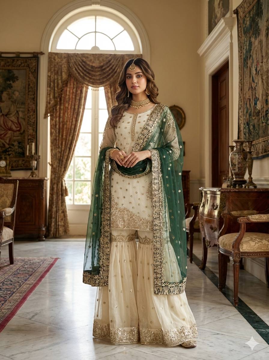 Elegant Fendy Silk Full Sleeves Sharara Suit With Green Dupatta