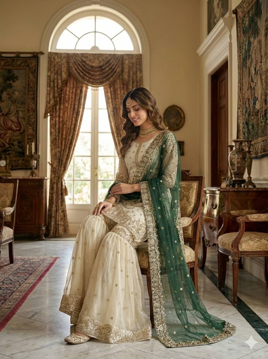 Elegant Fendy Silk Full Sleeves Sharara Suit With Green Dupatta