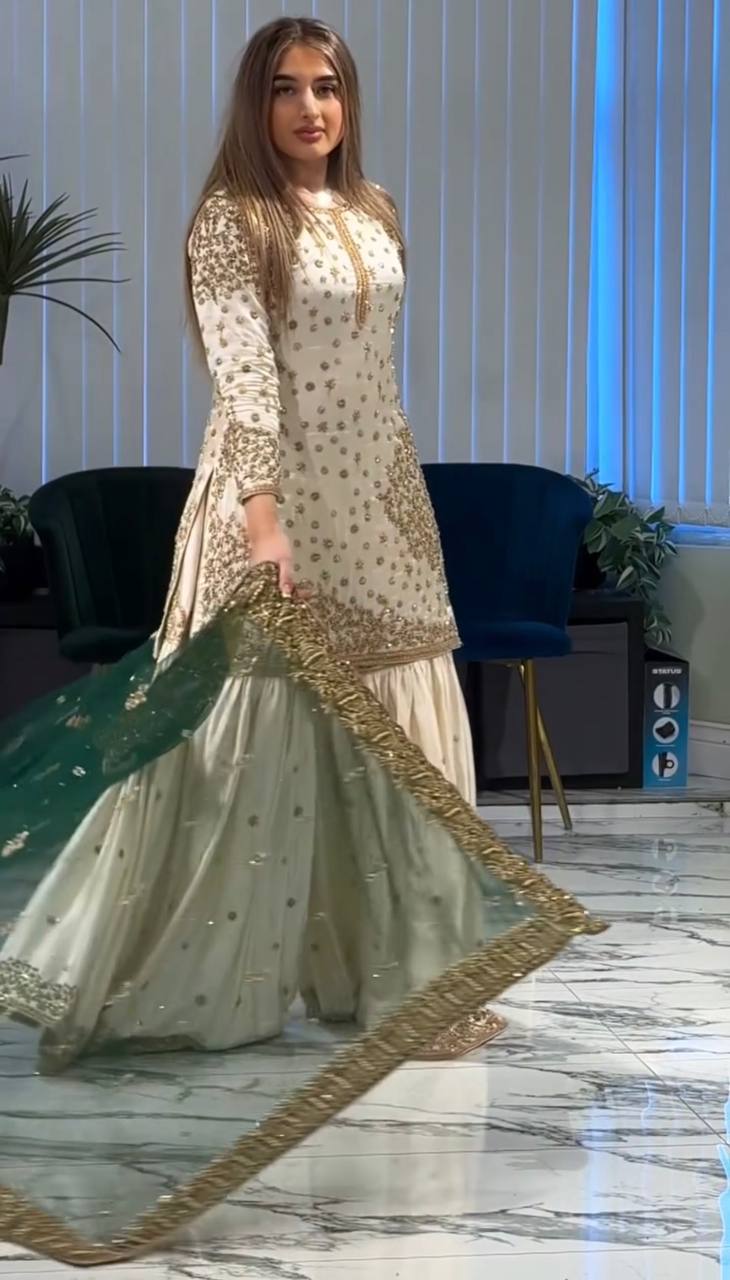 Elegant Fendy Silk Full Sleeves Sharara Suit With Green Dupatta