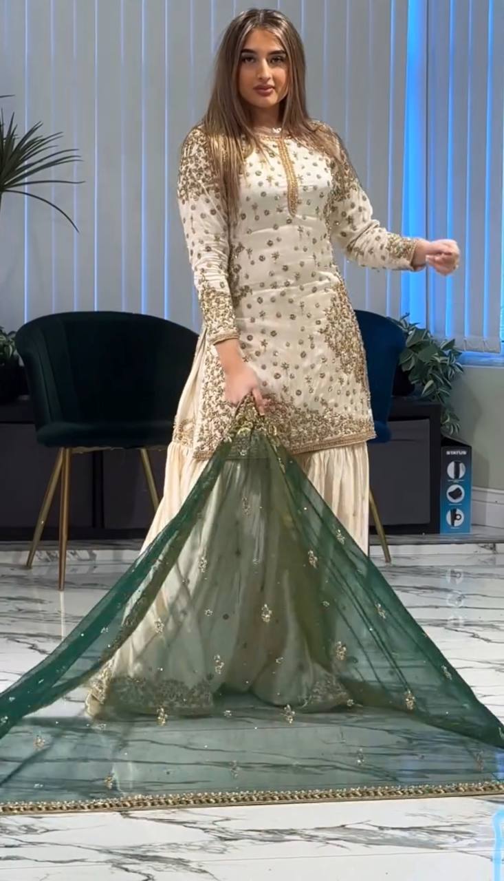 Elegant Fendy Silk Full Sleeves Sharara Suit With Green Dupatta
