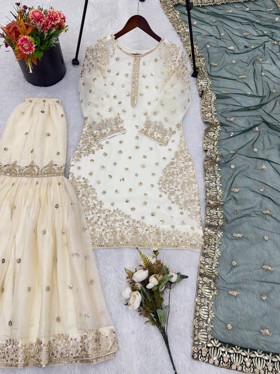 Elegant Fendy Silk Full Sleeves Sharara Suit With Green Dupatta