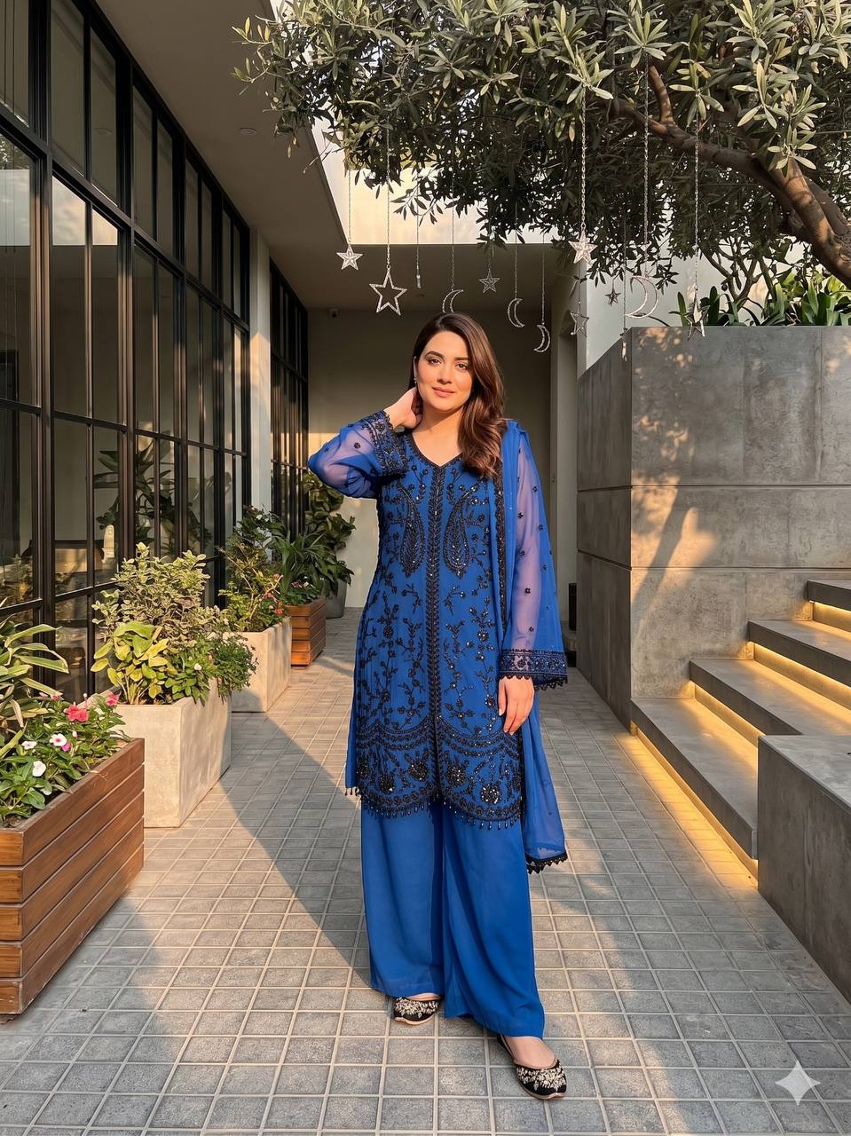 Opulent Sky Blue Color Heavy Faux Georgette Sequence Palazzo Suit
