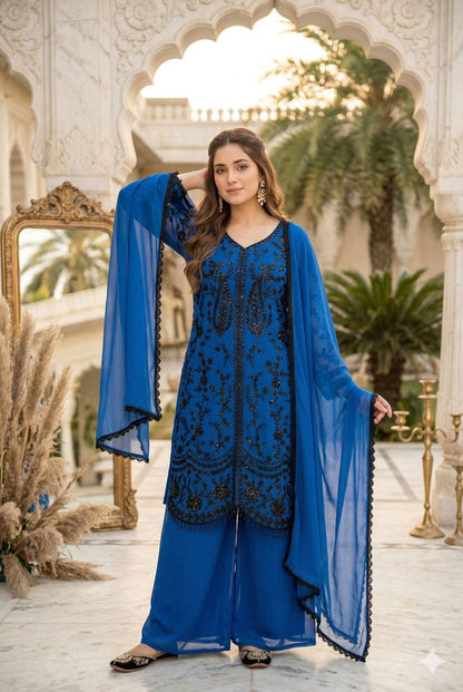 Opulent Sky Blue Color Heavy Faux Georgette Sequence Palazzo Suit