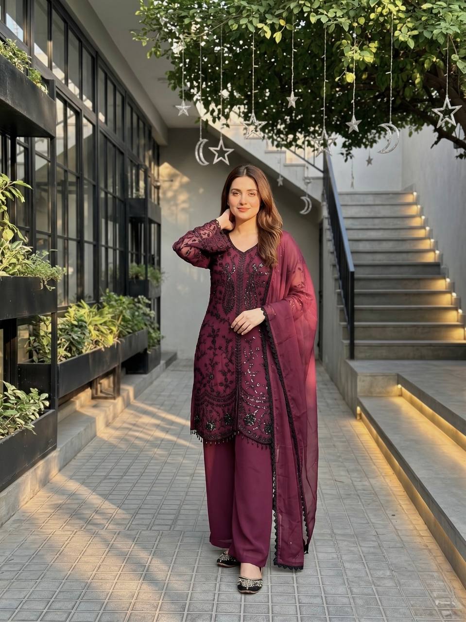 Outstanding Maroon Color Heavy Faux Georgette Sequence Palazzo Suit