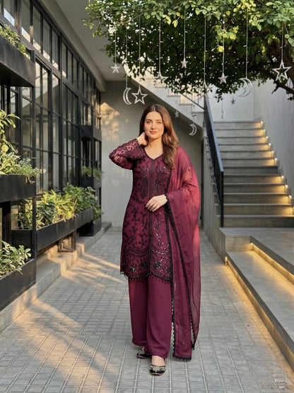 Outstanding Maroon Color Heavy Faux Georgette Sequence Palazzo Suit