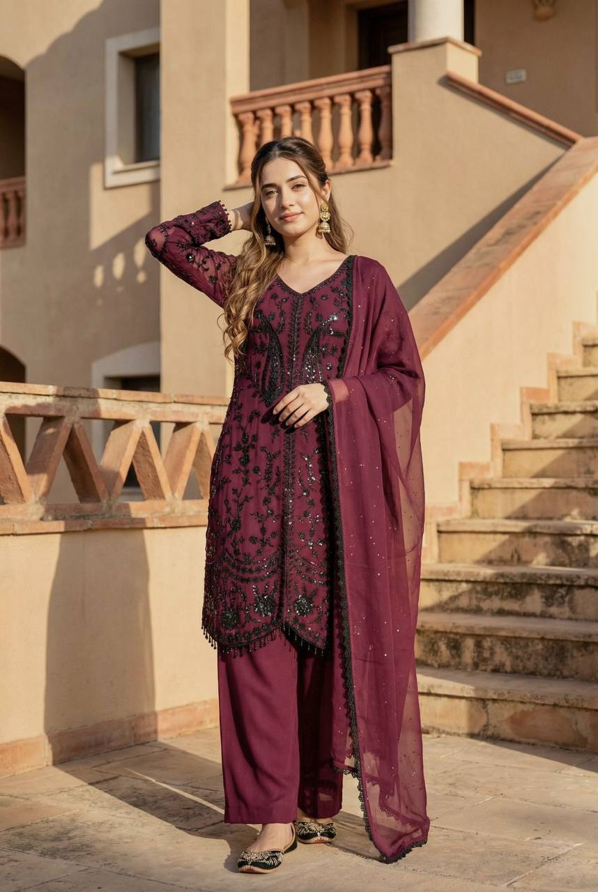 Outstanding Maroon Color Heavy Faux Georgette Sequence Palazzo Suit