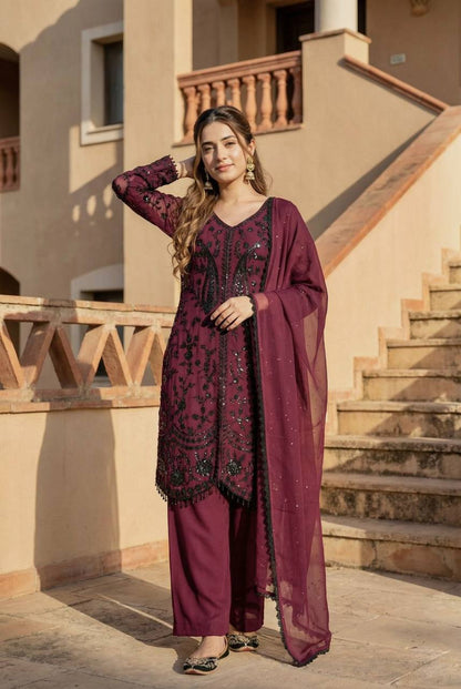 Outstanding Maroon Color Heavy Faux Georgette Sequence Palazzo Suit