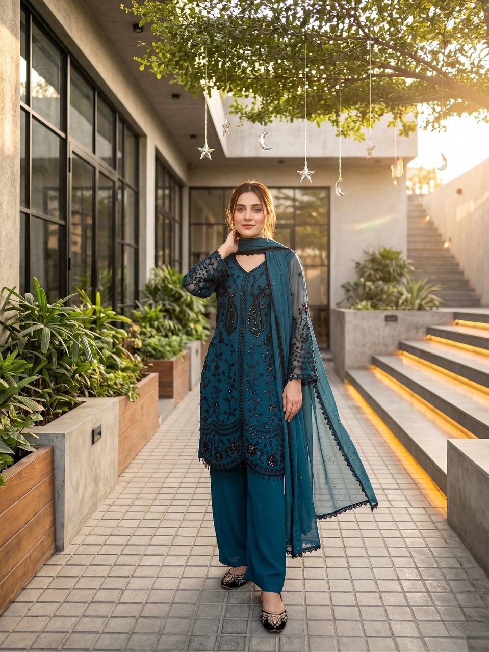 Wonderful Blue Color Heavy Faux Georgette Sequence Palazzo Suit