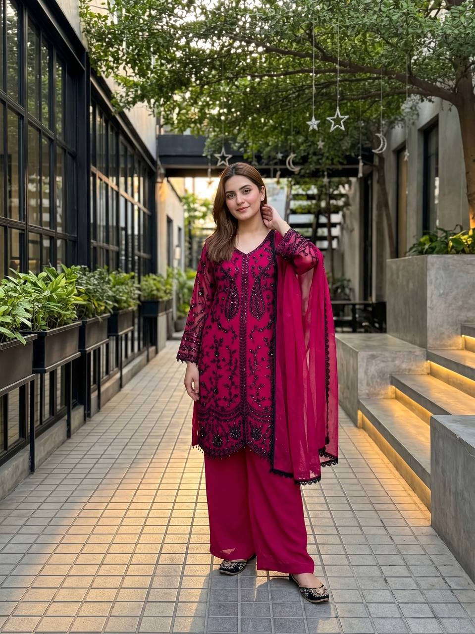Ravishing Pink Color Heavy Faux Georgette Sequence Palazzo Suit