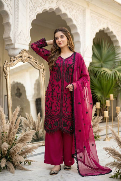 Ravishing Pink Color Heavy Faux Georgette Sequence Palazzo Suit