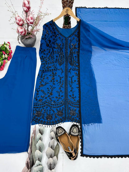 Opulent Sky Blue Color Heavy Faux Georgette Sequence Palazzo Suit