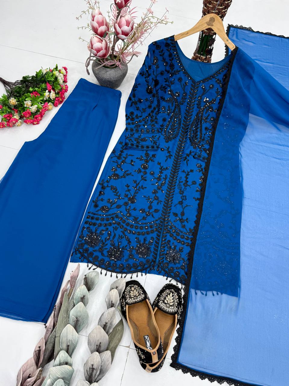 Opulent Sky Blue Color Heavy Faux Georgette Sequence Palazzo Suit