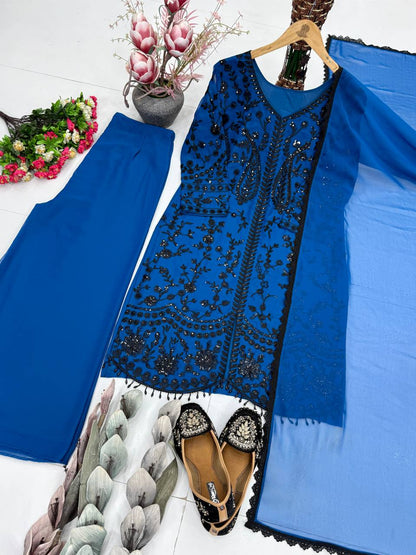 Opulent Sky Blue Color Heavy Faux Georgette Sequence Palazzo Suit