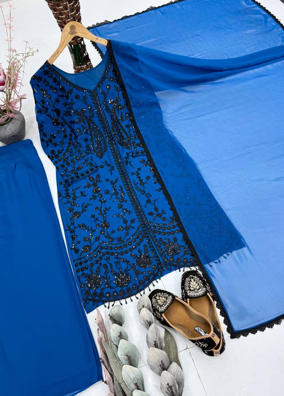 Opulent Sky Blue Color Heavy Faux Georgette Sequence Palazzo Suit
